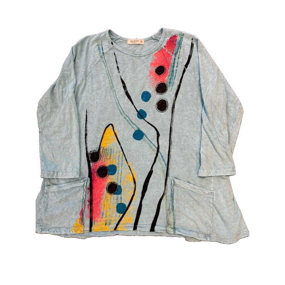 Jess & Jane Wearable Art Tunic Top Sz M Blue Cotton Pockets Lagenlook Boho - Picture 8 of 10